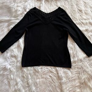Coldwater Creek Sweater Black Size Medium Crochet Wide V-neck Soft